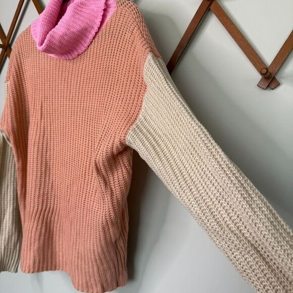 Boutique Pink Tan Colorblock Lightweight Sweater Cowl‎ Neck Size L Knitted - Picture 4 of 6